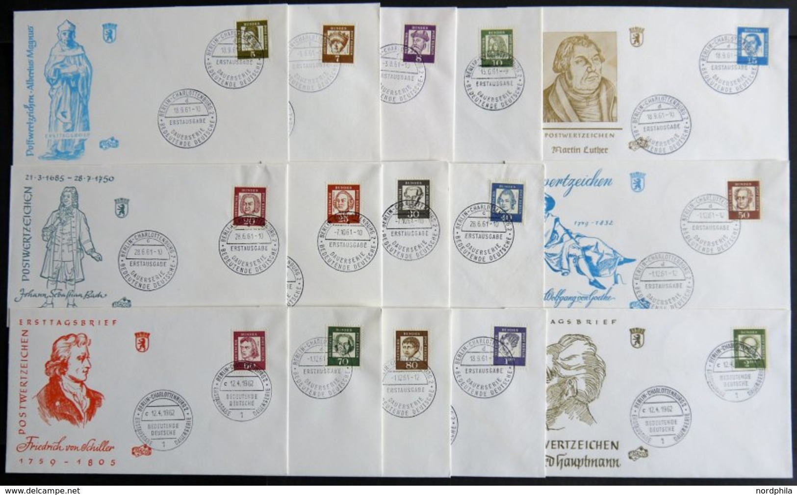 BERLIN 199-213 BRIEF, 1961, Bedeutende Deutsche Auf 15 FDC`s, Pracht, Mi. 66.40 - Otros & Sin Clasificación