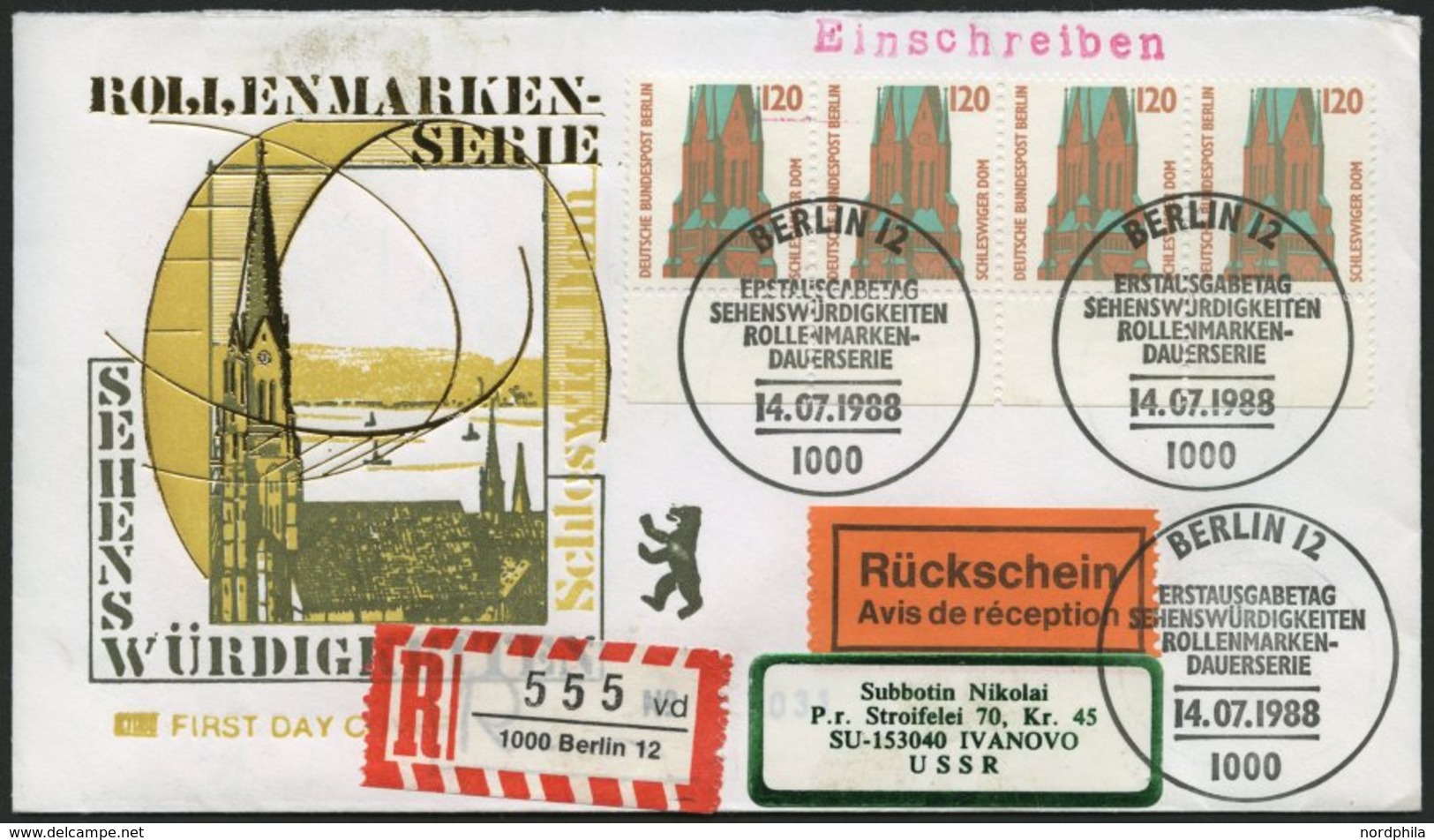 BERLIN 815 BRIEF, 1988, 120 Pf. St. Petri-Dom Im Waagerechten Viererstreifen Als Mehrfachfrankatur Auf Einschreiben/Rück - Autres & Non Classés