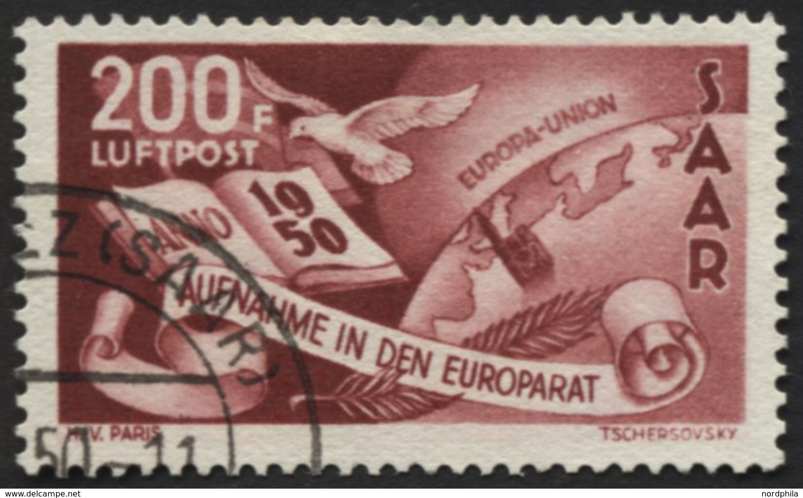 SAARLAND 298 O, 1950, 200 Fr. Europarat, Pracht, Gepr. Hoffmann BPP, Mi. 310.- - Autres & Non Classés