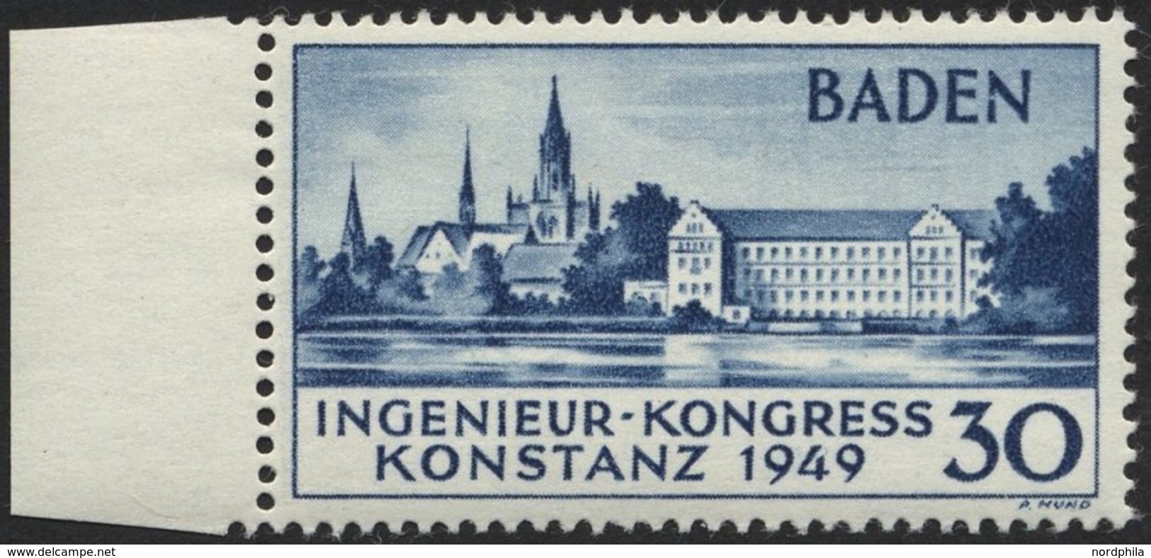 BADEN 46II **, 1949, 30 Pf. Konstanz II, Linkes Randstück, Pracht, Gepr. Schlegel, Mi. 650.- - Autres & Non Classés