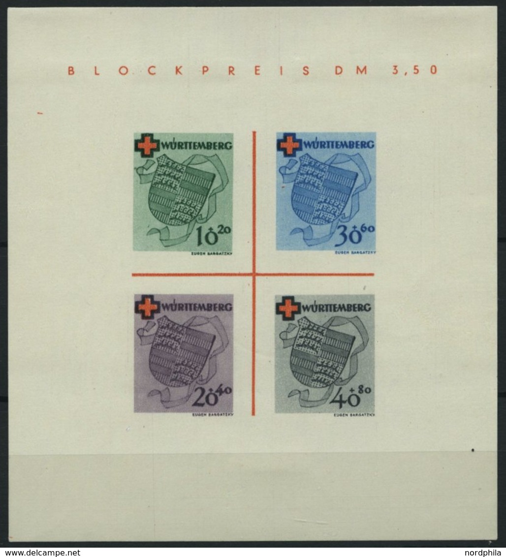 WÜRTTEMBERG Bl. 1I/I *, 1949, Block Rotes Kreuz, Tpye I: Roter Querstrich Links Unterhalb In B In Blockpreis, Falzreste  - Otros & Sin Clasificación