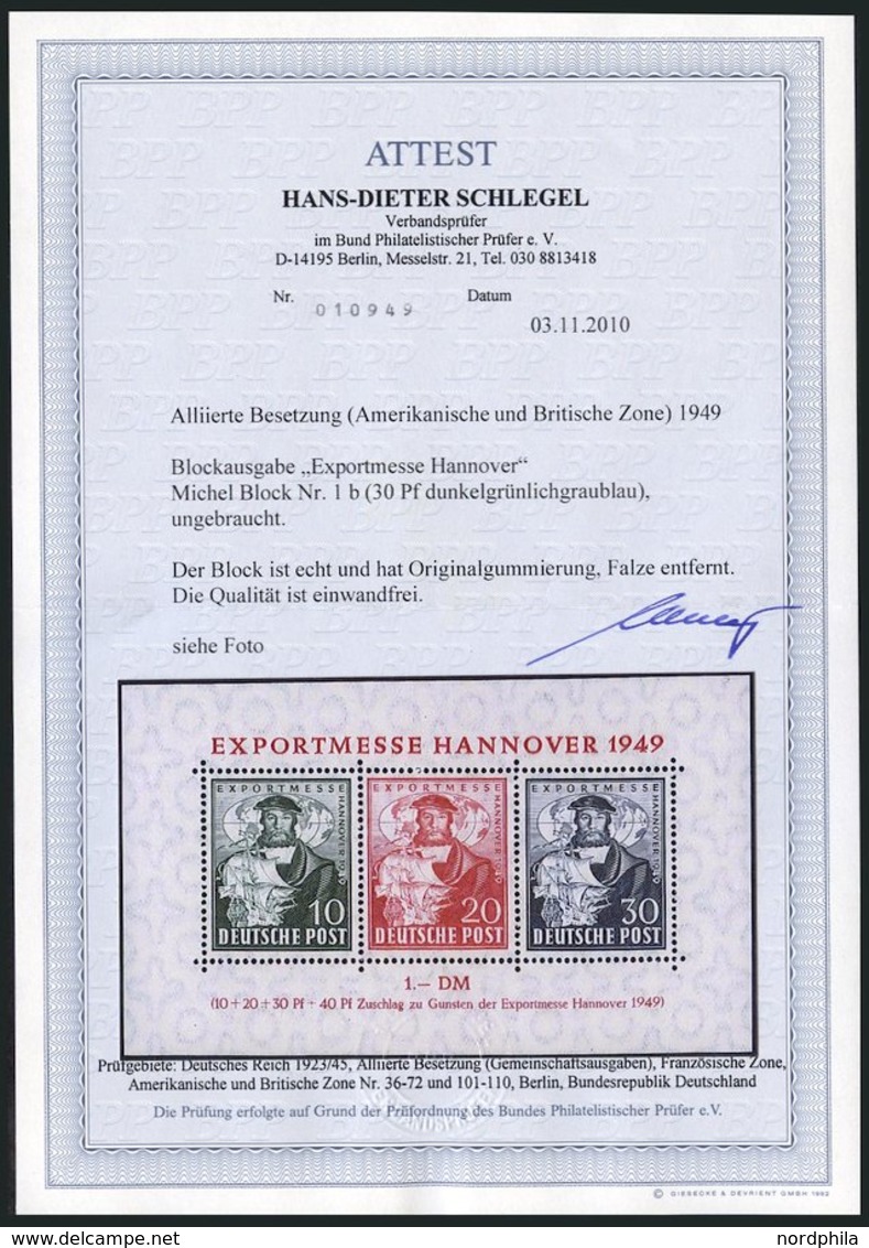 AMERIK. U. BRITISCHE ZONE Bl. 1b *, 1949, Block Exportmesse, 30 Pf. In Dunkelgrünlichblau, Falzrest, Pracht, Fotoattest  - Otros & Sin Clasificación