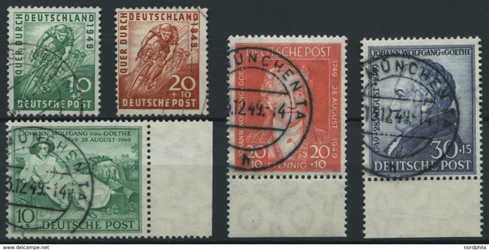 AMERIK. U. BRITISCHE ZONE 106-10 O, 1949, Radrennen Und Goethe, üblich Gezähnt Pracht, Mi. 73.- - Other & Unclassified