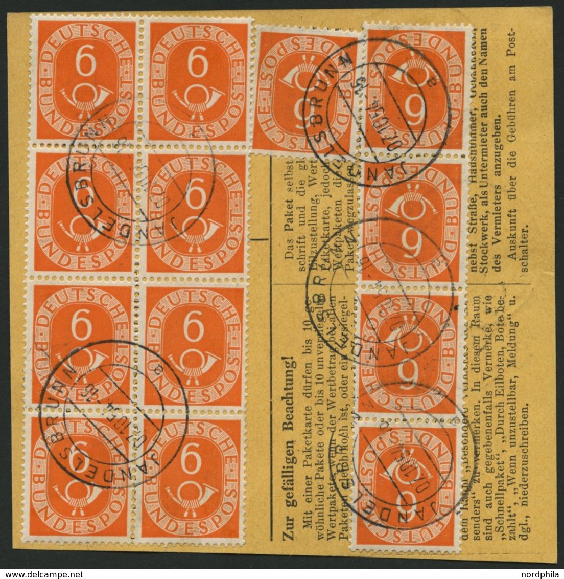 BUNDESREPUBLIK 126 BRIEF, 1954, 6 Pf. Posthorn Im Achterblock Rückseitig Und Waagerechtes Paar (vorderseitig) Mit 50 Pf. - Gebraucht