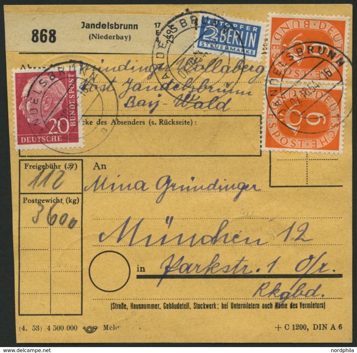 BUNDESREPUBLIK 126 BRIEF, 1954, 6 Pf. Posthorn Im Achterblock Rückseitig Und Waagerechtes Paar (vorderseitig) Mit 50 Pf. - Used Stamps