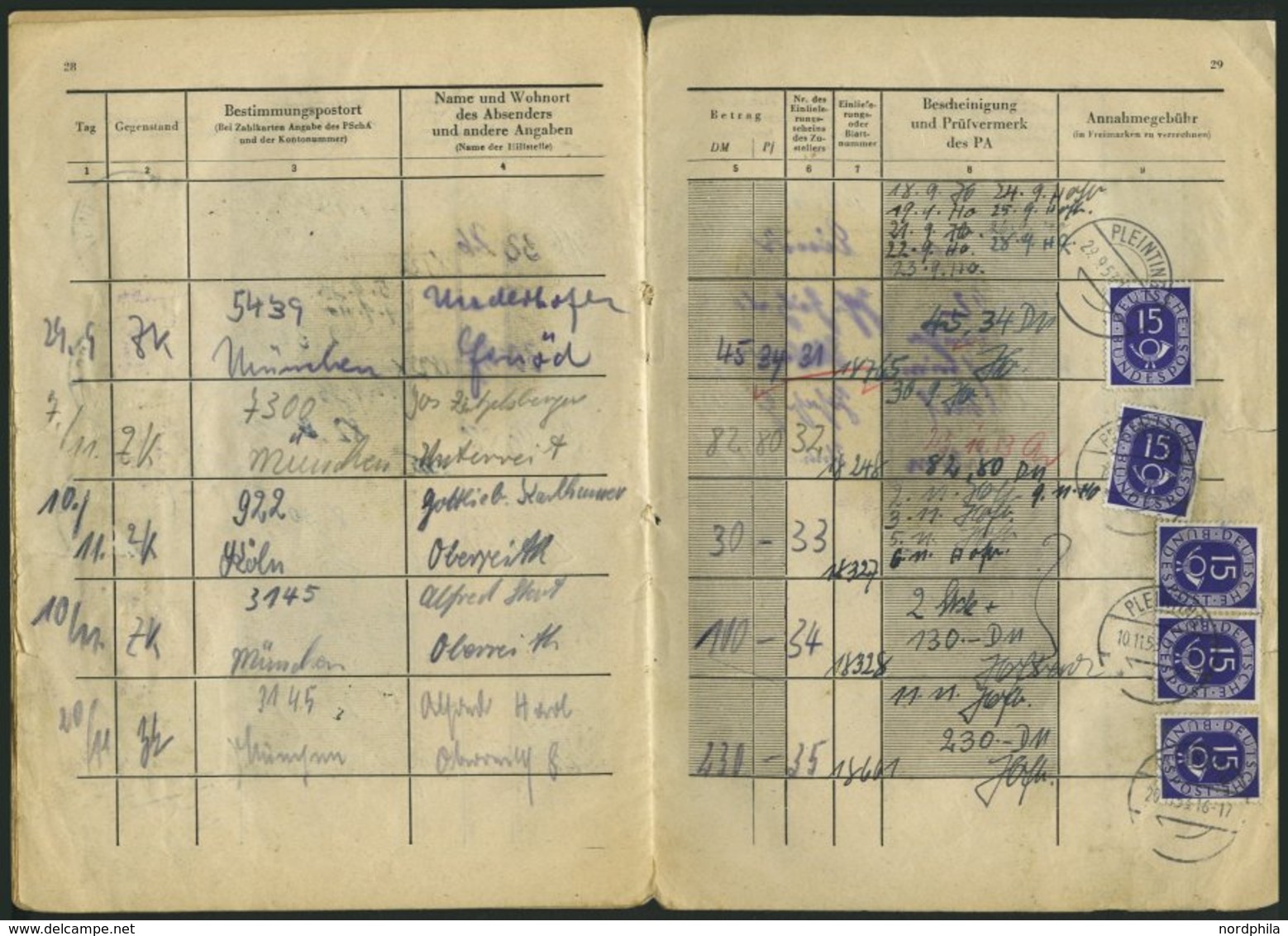 BUNDESREPUBLIK 129 BRIEF, 1952/3, Annahmebuch (Land), Zustellbezirk Pleinting, 32 Seiten Komplett, Die Gebühr Wurde Fast - Gebraucht