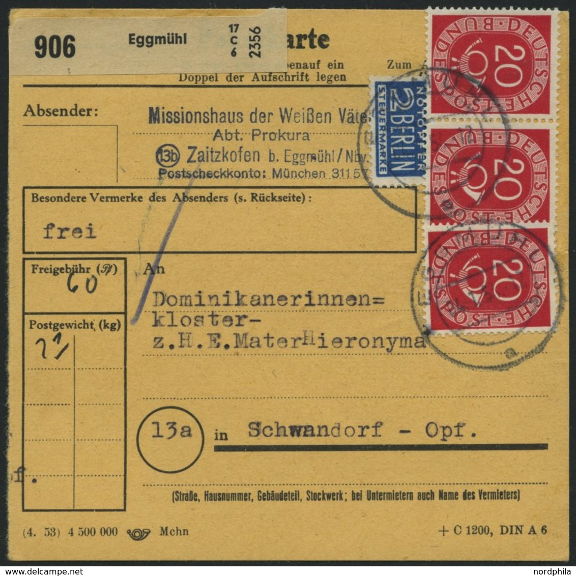 BUNDESREPUBLIK 130 Paar BRIEF, 1954, 20 Pf. Posthorn, 3x, Dabei Ein Waagerechtes Paar, Als Mehrfachfrankatur Auf Paketka - Oblitérés