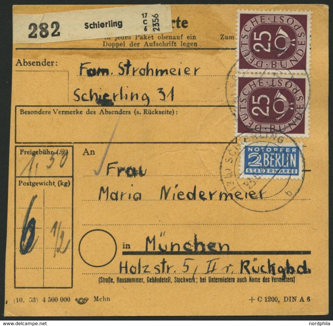 BUNDESREPUBLIK 131 VB, Paar BRIEF, 1954, 25 Pf. Posthorn Im Viererblock (rückseitig) Und Im Waagerechten Paar (vordersei - Usados