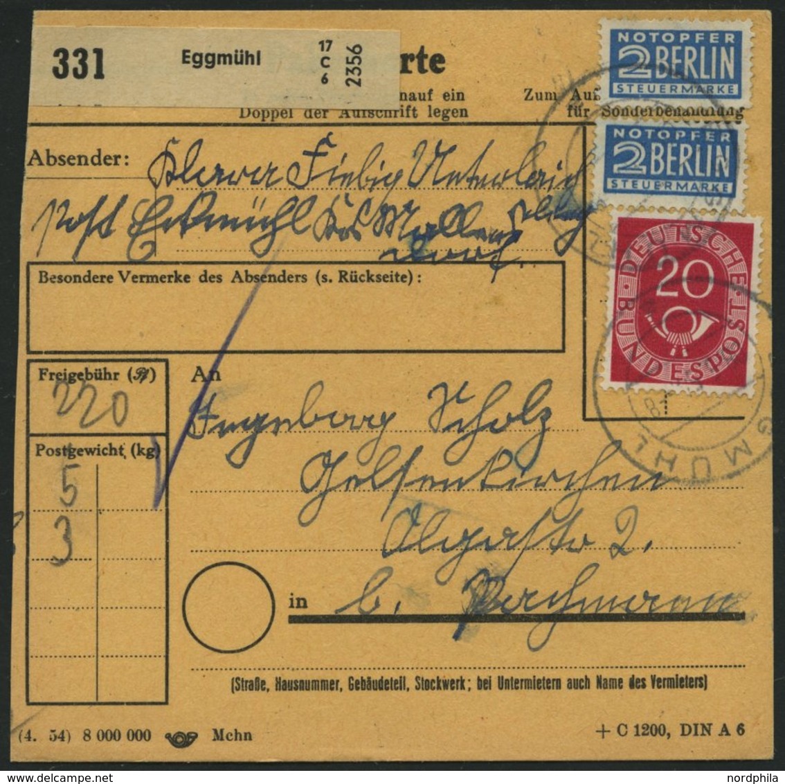 BUNDESREPUBLIK 133 BRIEF, 1954, 40 Pf. Posthorn Im Fünferblock Rückseitig Mit 20 Pf. Zusatzfrankatur Auf Paketkarte Aus  - Usados