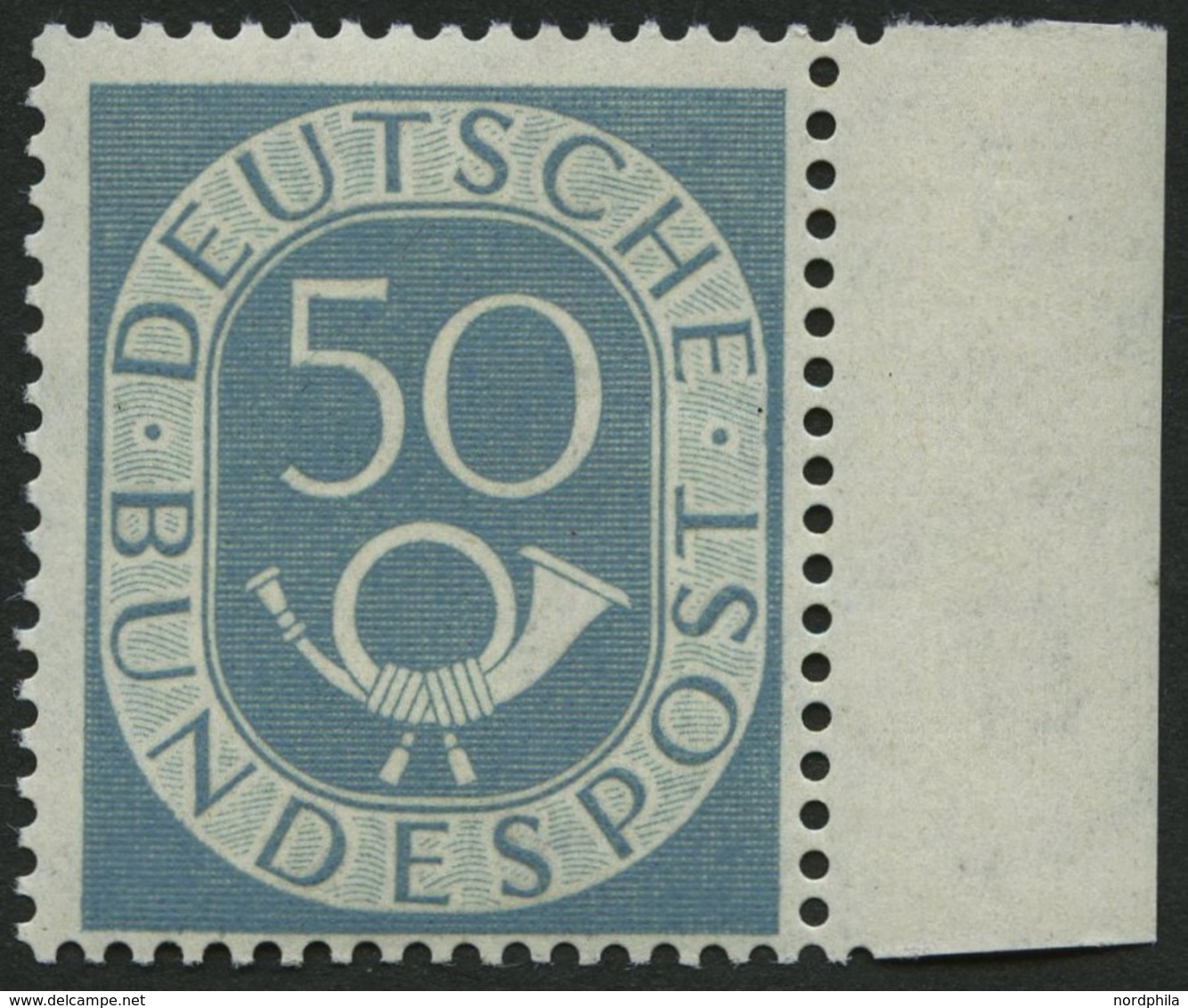 BUNDESREPUBLIK 134 **, 1952, 50 Pf. Posthorn, Rechtes Randstück, Pracht, Gepr. Schlegel, Mi. 200.- - Usati