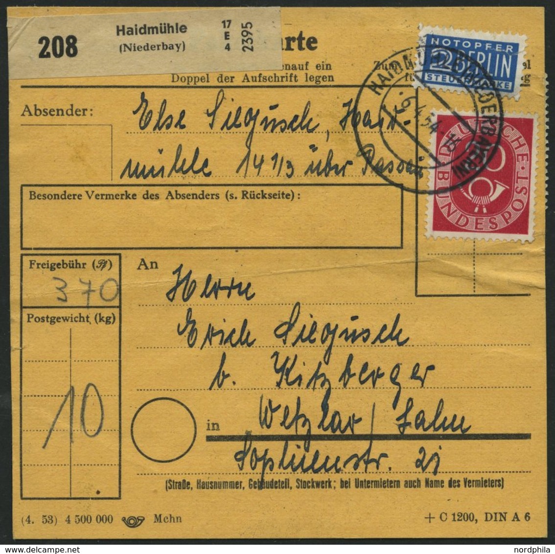 BUNDESREPUBLIK 134 BRIEF, 1954, 50 Pf. Posthorn Im Sechserblock Rückseitig Mit 70 Pf. Zusatzfrankatur Auf Paketkarte Aus - Used Stamps