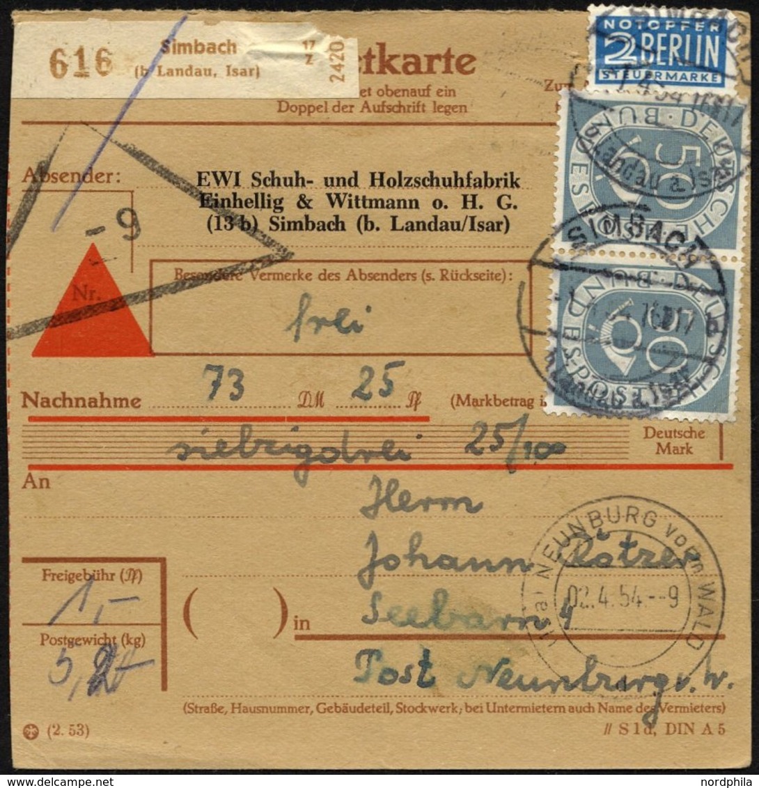 BUNDESREPUBLIK 134 Paar BRIEF, 1954, 50 Pf. Posthorn Im Waagerechten Paar Als Mehrfachfrankatur Auf Nachnahme-Paketkarte - Used Stamps