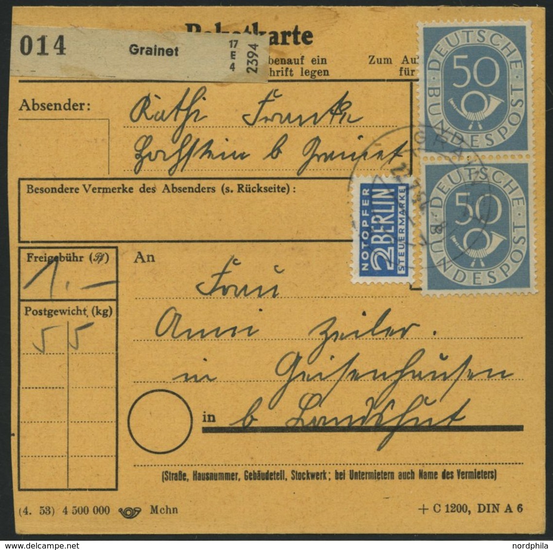 BUNDESREPUBLIK 134 Paar BRIEF, 1954, 50 Pf. Posthorn Im Senkrechten Paar Als Mehrfachfrankatur Auf Paketkarte Aus GRAINE - Usados