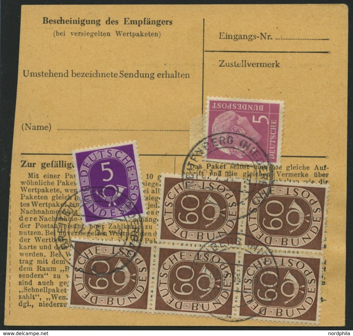 BUNDESREPUBLIK 135 BRIEF, 1954, 60 Pf. Posthorn Im Fünferblock Rückseitig Mit 10 Pf. Zusatzfrankatur Auf Paketkarte Aus  - Usados