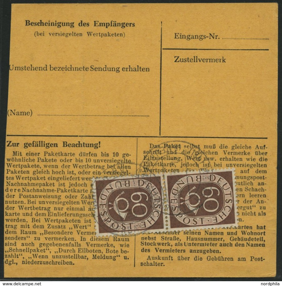BUNDESREPUBLIK 135 BRIEF, 1954, 60 Pf. Posthorn, 2x Als Mehrfachfrankatur Rückseitig Auf Paketkarte Aus INKOFEN, üblich  - Usados