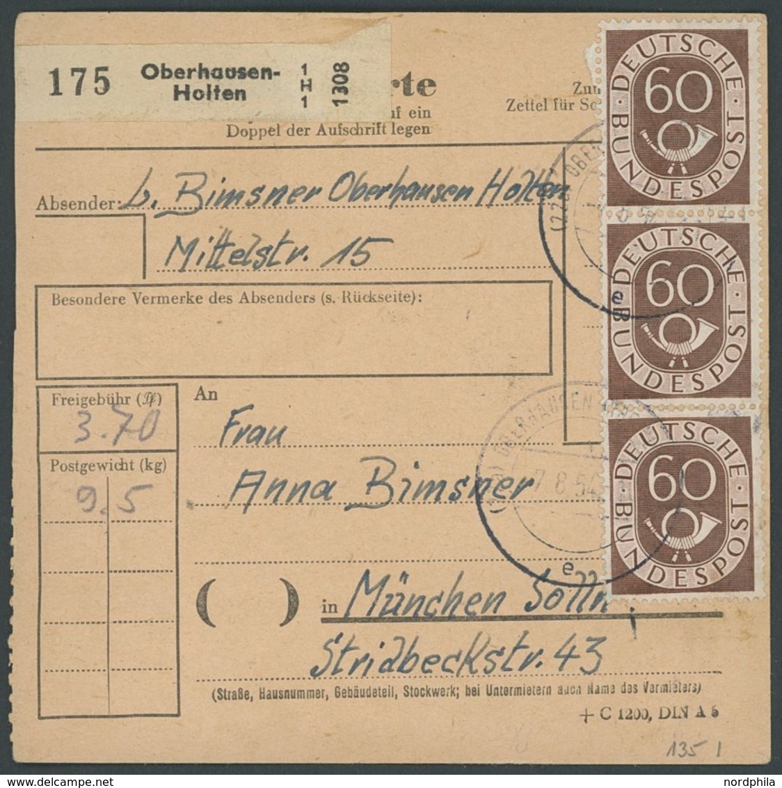 BUNDESREPUBLIK 135I BRIEF, 1951, 60 Pf. Posthorn Mit Abart Zwei Flecken Im Linken Rand Unter Dem U In Bundes, Obere Mark - Usati