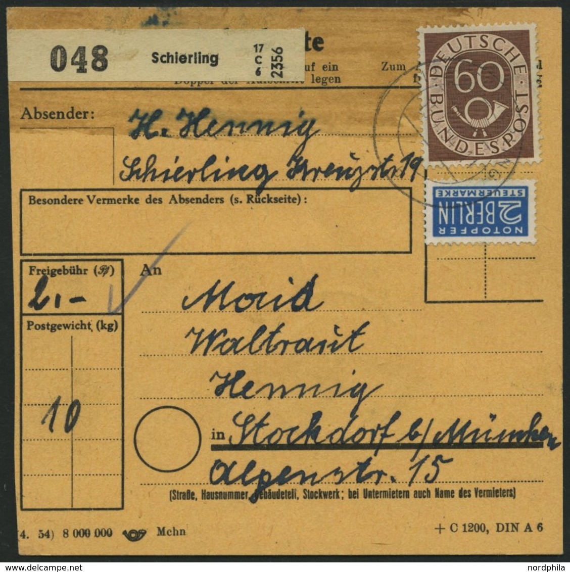 BUNDESREPUBLIK 136 Paar BRIEF, 1954, 70 Pf. Posthorn Im Waagerechten Paar Rückseitig Mit 60 Pf. Zusatzfrankatur Auf Pake - Usati