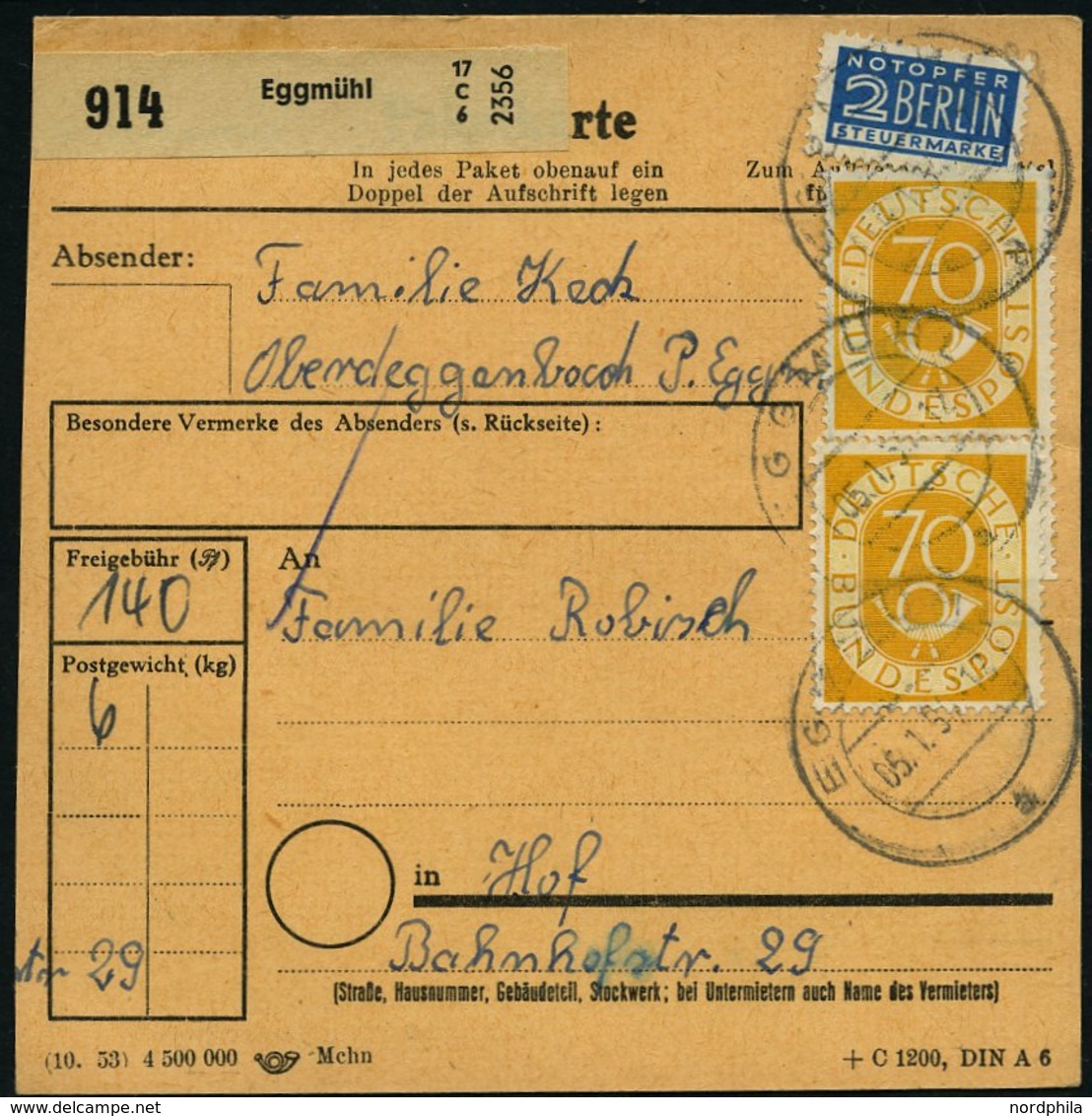 BUNDESREPUBLIK 136 BRIEF, 1954, 70 Pf. Posthorn, 2x Als Mehrfachfrankatur Auf Paketkarte Aus EGGMÜHL, Obere Marke Mit Un - Used Stamps