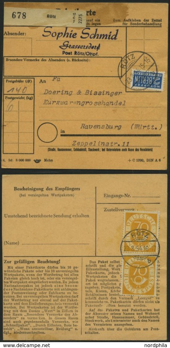 BUNDESREPUBLIK 136 Paar BRIEF, 1954, 70 Pf. Posthorn Im Senkrechten Paar Als Mehrfachfrankatur Rückseitig Auf Paketkarte - Usati