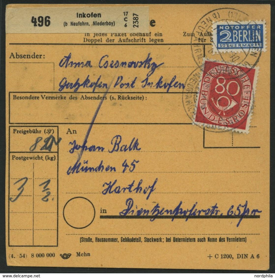 BUNDESREPUBLIK 137 BRIEF, 1954, 80 Pf. Posthorn, Einzelfrankatur Auf Paketkarte Aus INKOFEN, Pracht - Gebraucht