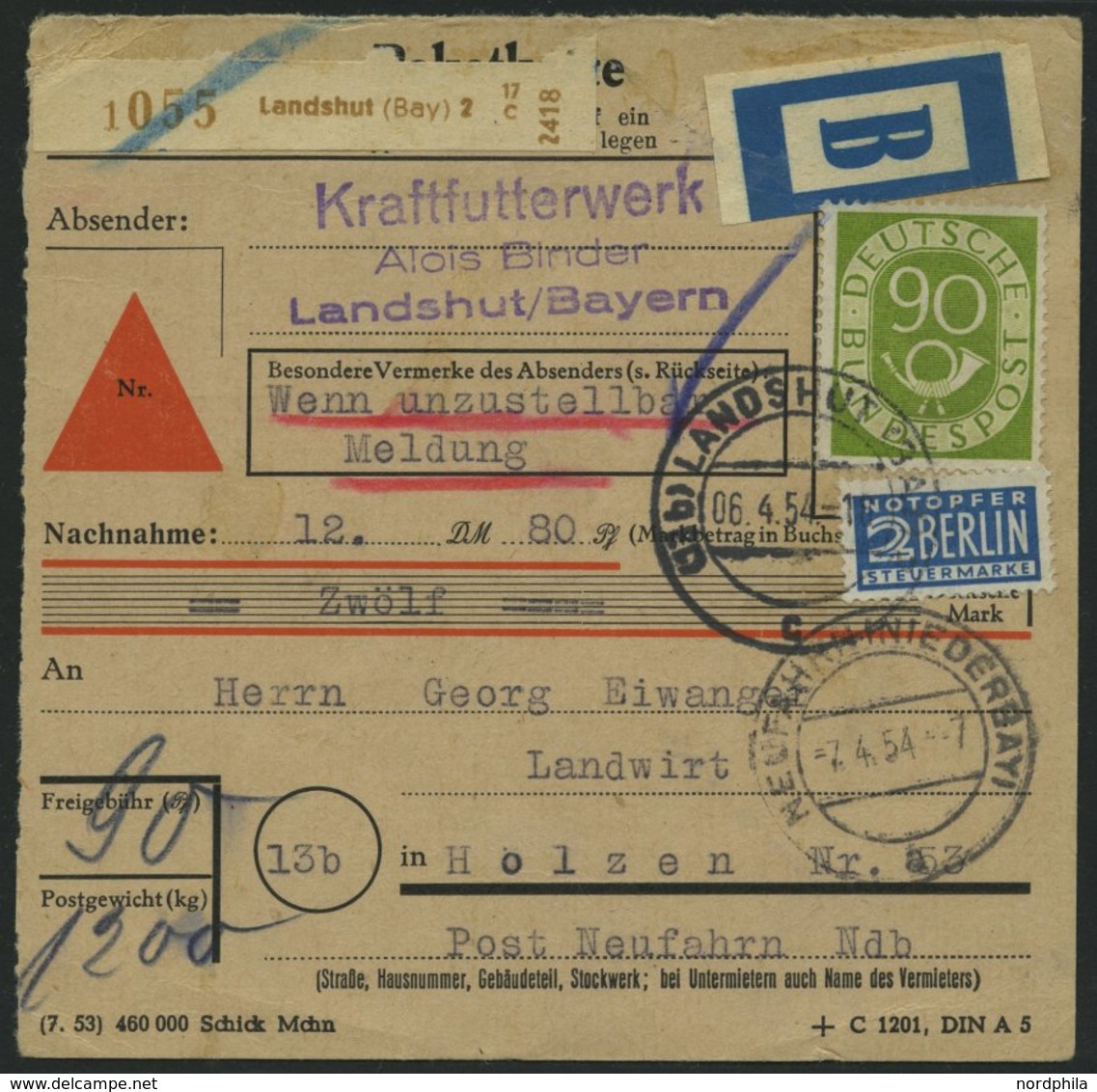 BUNDESREPUBLIK 138 BRIEF, 1954, 90 Pf. Posthorn, Einzelfrankatur Auf Nachnahme-Paketkarte Mit Klebezettel B Aus LANDSHUT - Gebraucht