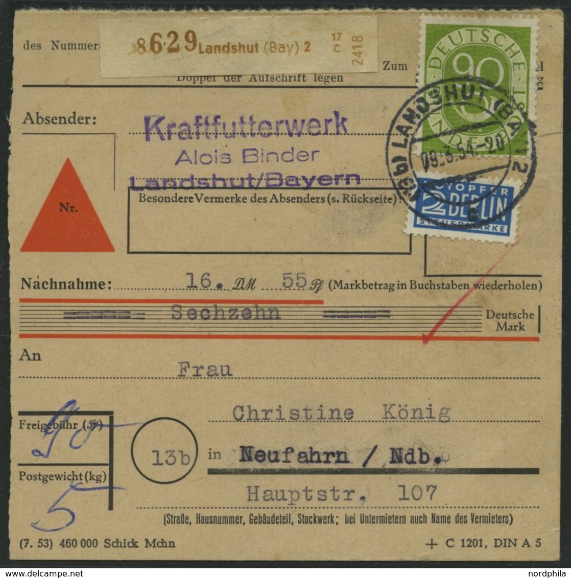 BUNDESREPUBLIK 138 BRIEF, 1954, 90 Pf. Posthorn, Einzelfrankatur Auf Nachnahme-Paketkarte Aus LANDSHUT, üblich Gezähnt P - Gebraucht