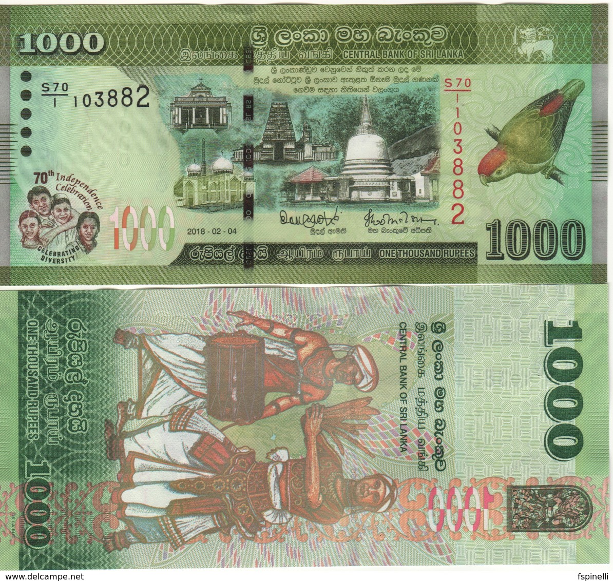 SRI LANKA  New 1'000 Rupees  Commemrative  (70th Anniversary Independence)  Parrot At Right (2018)  UNC - Sri Lanka