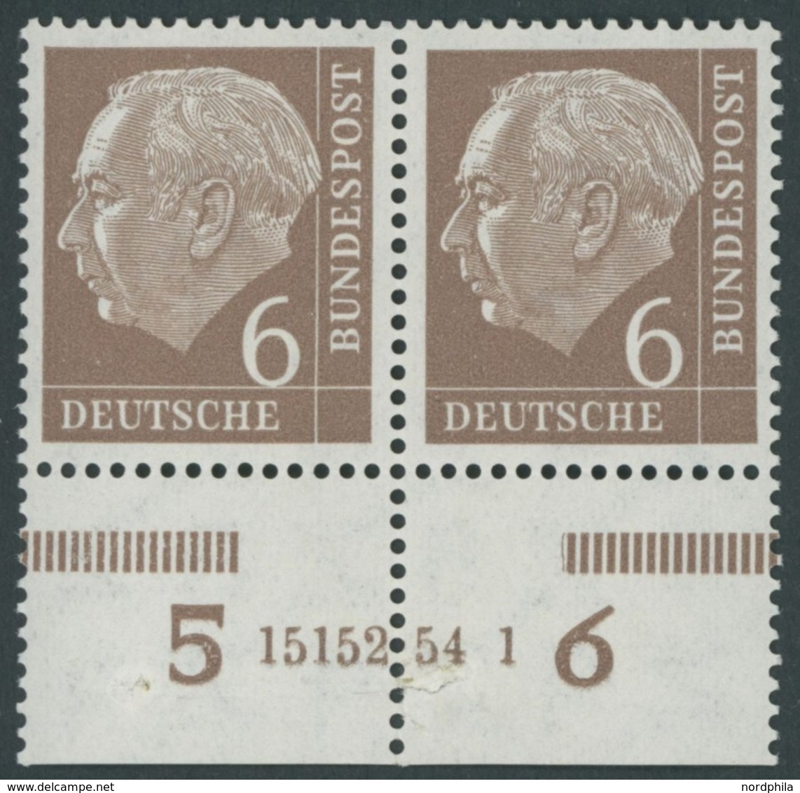 BUNDESREPUBLIK 180xHAN **, 1954, 6 Pf. Heuss, Unterrandpaar Mit HAN 15152.54 1, (Klammerspur), Marken Postfrisch, Pracht - Used Stamps