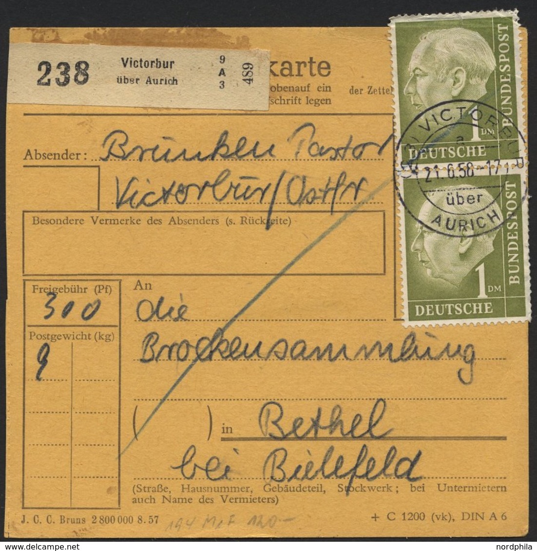 BUNDESREPUBLIK 194/5 BRIEF, 1958, 1 DM (2x) Und 2 DM Heuss, Je Als Mehrfachfrankatur Auf Paketkarte, 3 Karten Feinst (Ma - Used Stamps