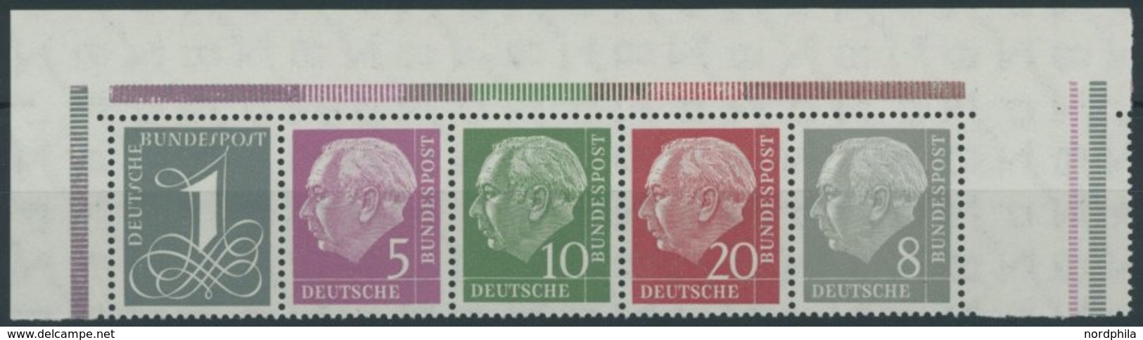 BUNDESREPUBLIK 179-285YII **, 1960, Heuss Wz. Liegend Im Fünferstreifen Aus Der Linken Oberen Bogenecke, Postfrisch, Pra - Gebraucht