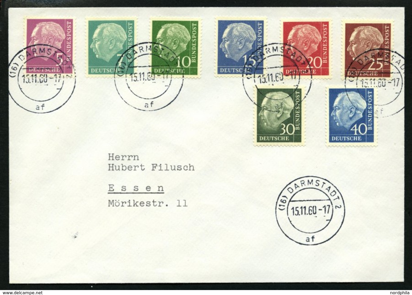 BUNDESREPUBLIK 179-260y BRIEF, 1960, Heuss Lumogen, Prachtsatz Auf Umschlag Mit Stempeln DARMSTADT 2af, Mi. (450.-) - Gebraucht