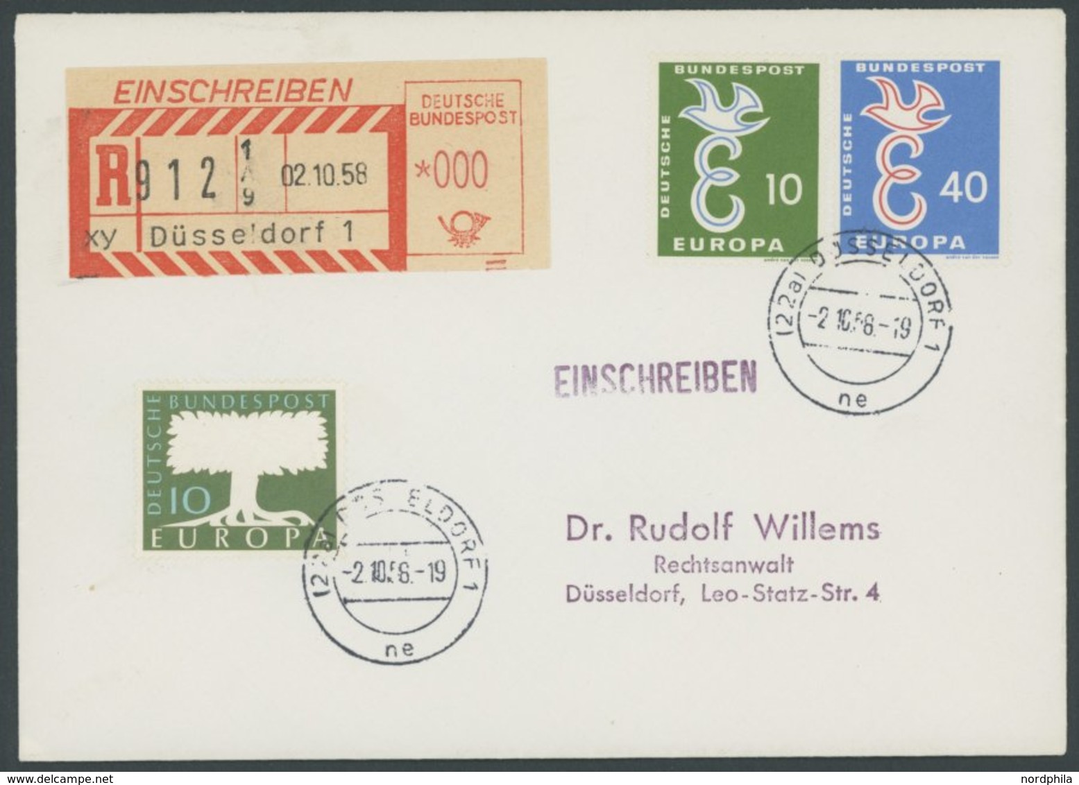 BUNDESREPUBLIK 268,295/6 BRIEF, 1958, Europa Auf Ortsbrief Mit Einschreib-Automatenzetttel DÜSSELDORF 1, Pracht - Gebraucht