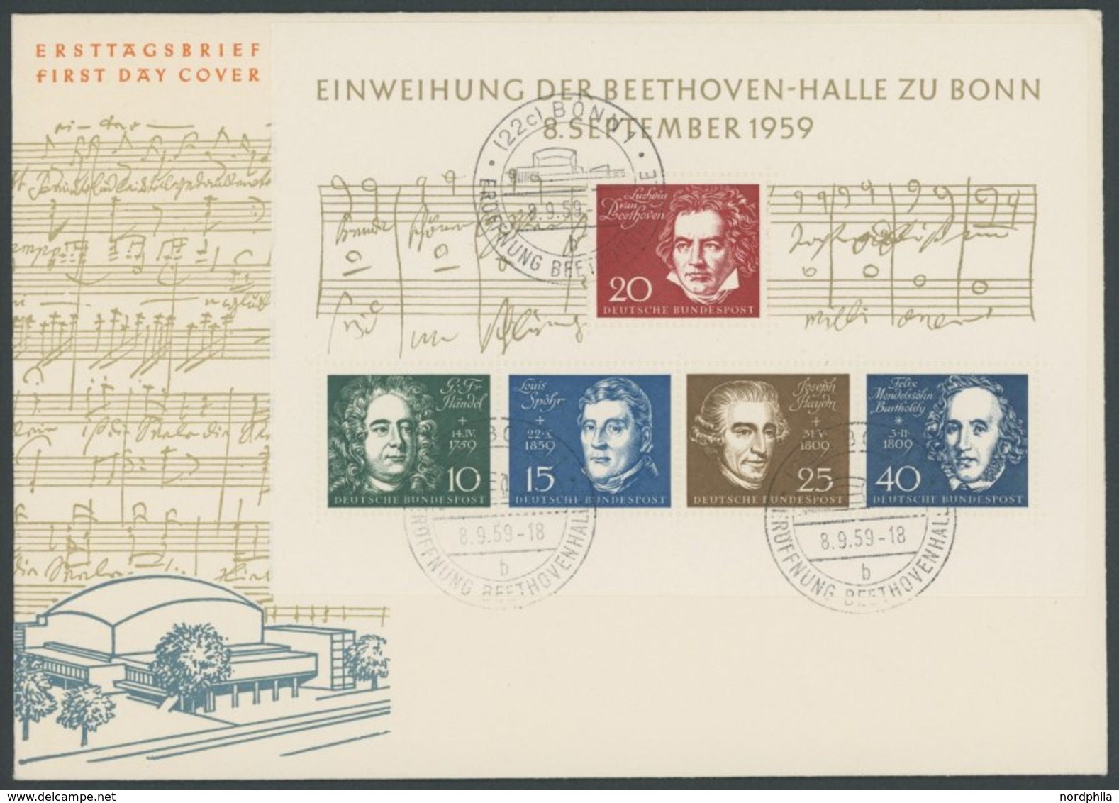 BUNDESREPUBLIK Bl. 2 BRIEF, 1959, Block Beethoven Auf FDC, Pracht, Mi. 140.- - Gebraucht