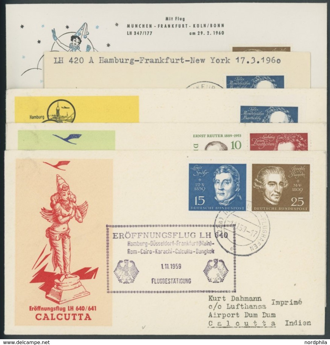 BUNDESREPUBLIK 315-19 BRIEF, 1959, Beethoven Auf 5 Verschiedenen Lufthansa-Flugpostbelegen, Pracht - Gebraucht