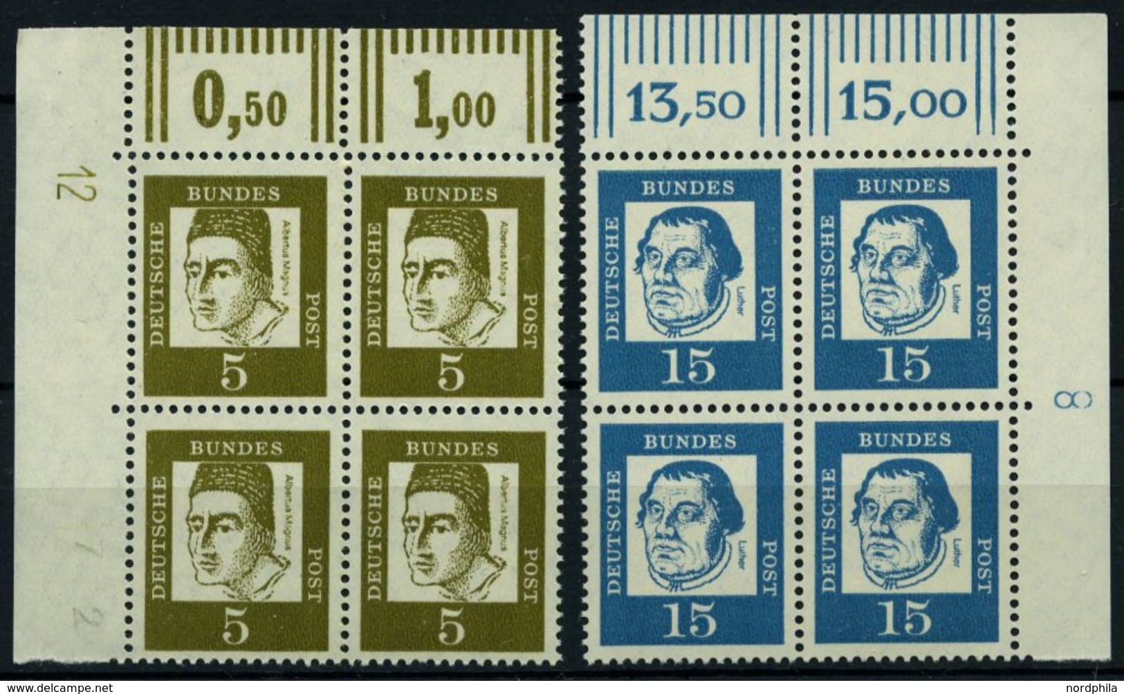 BUNDESREPUBLIK 347y,351yDZ VB **, 1961, 5 Und 15 Pf. Bedeutende Deutsche In Eckrandviererblocks Vom Oberrand Mit Drucker - Gebraucht