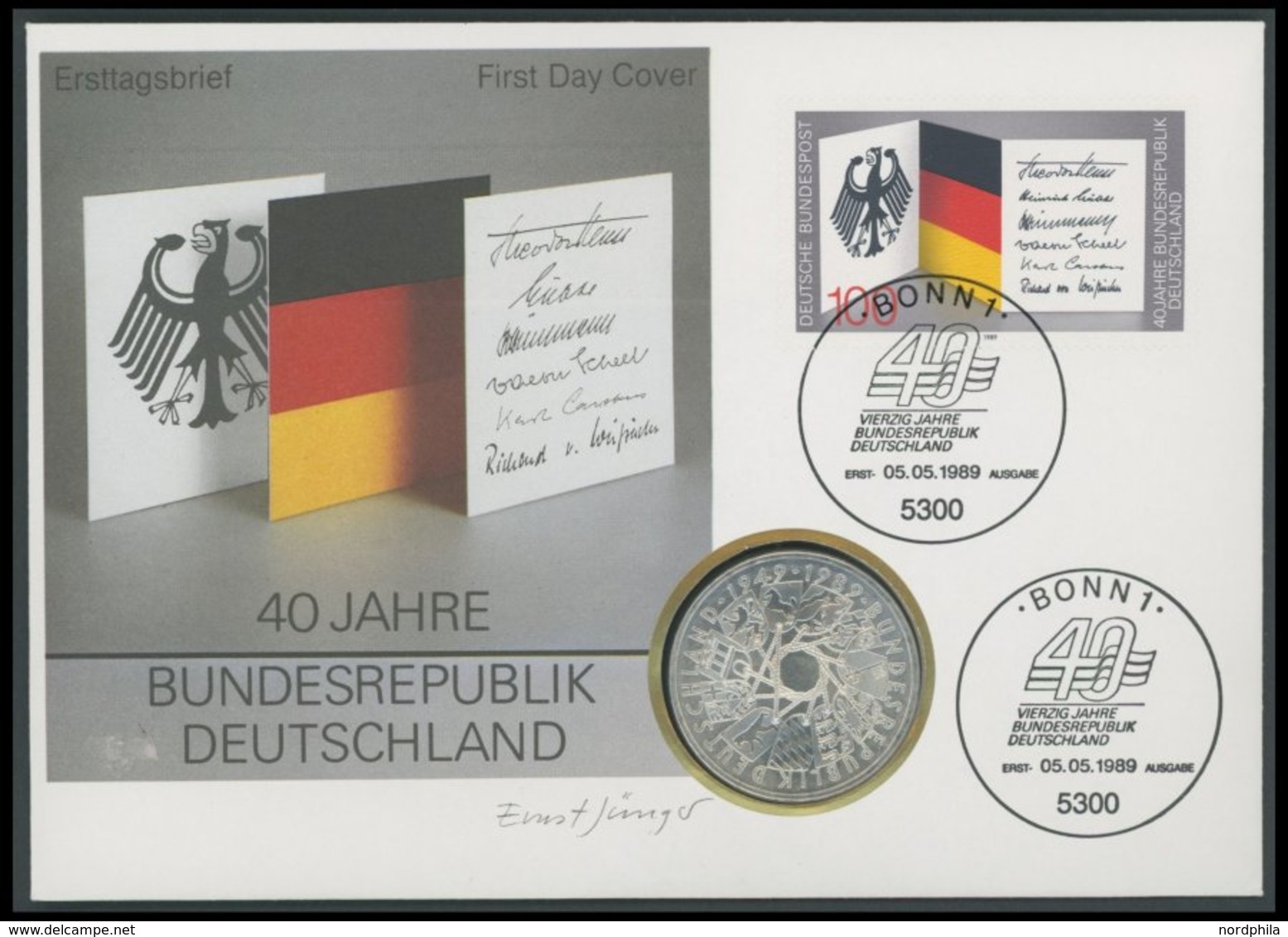 BUNDESREPUBLIK 1421 BRIEF, 1989, 100 Pf. 40 Jahre Bundesrepublik Auf Numisbrief Mit 10 DM-Silbermünze, Pracht - Gebraucht