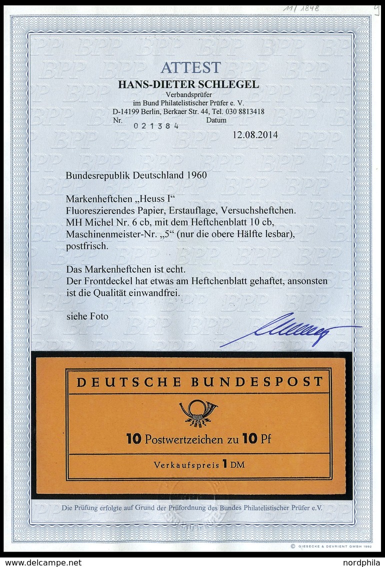 ZUSAMMENDRUCKE MH 6cb **, 1960, Markenheftchen Heuss Lumogen, Erstauflage, Mit Druckereizeichen 5 (nur Die Obere Hälfte  - Otros & Sin Clasificación