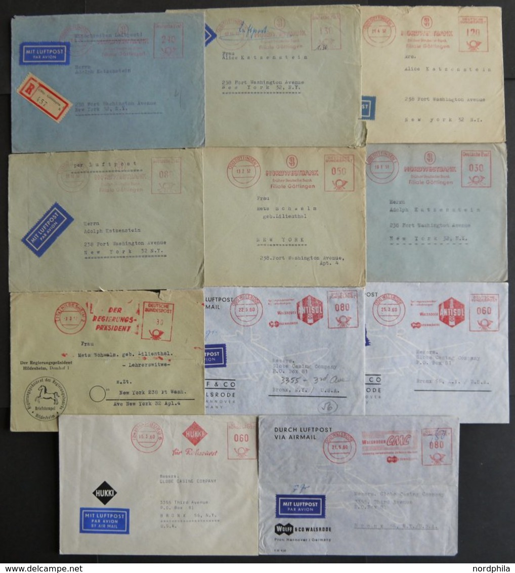 LOTS 1950-60, 11 Briefe Nach New York Mit Roten Firmenfreistemplern, Alles Verschiedene Stempel Bzw. Portostufen, Meist  - Usados