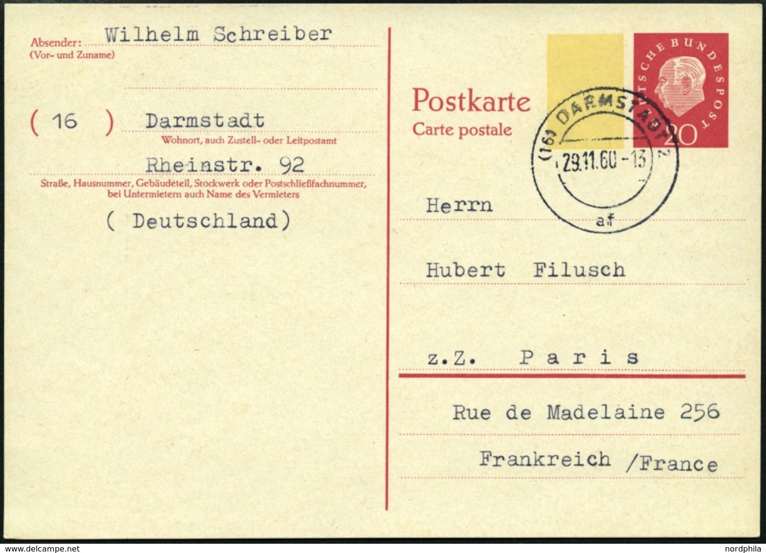 GANZSACHEN P 44I BRIEF, 1960, 20 Pf. Heuss, Breiter Fluoreszierender Beidruck, Stempel DARMSTADT, Rückseitig Unbeschrift - Colecciones