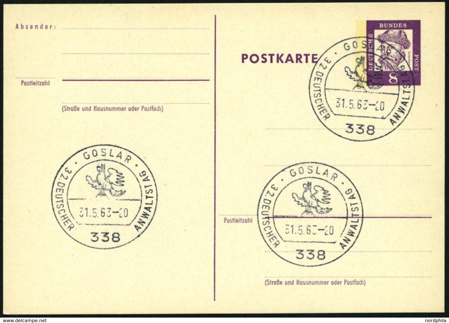 GANZSACHEN P 73 BRIEF, 1962, 8 Pf. Gutenberg, Postkarte In Grotesk-Schrift, Leer Gestempelt Mit Sonderstempel GOSLAR 32. - Collezioni