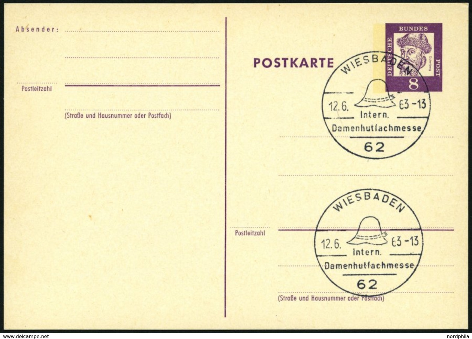 GANZSACHEN P 73 BRIEF, 1962, 8 Pf. Gutenberg, Postkarte In Grotesk-Schrift, Leer Gestempelt Mit Sonderstempel WIESBADEN  - Colecciones