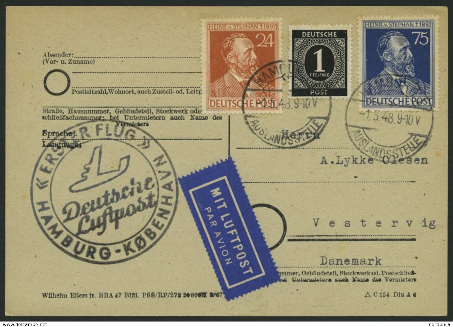 ERST-UND ERÖFFNUNGSFLÜGE 2302 BRIEF, 1.5.48, Hamburg-Kopenhagen, Flugbestätigungsstempel In Schwarz (Gefälligkeitsabstem - Covers & Documents