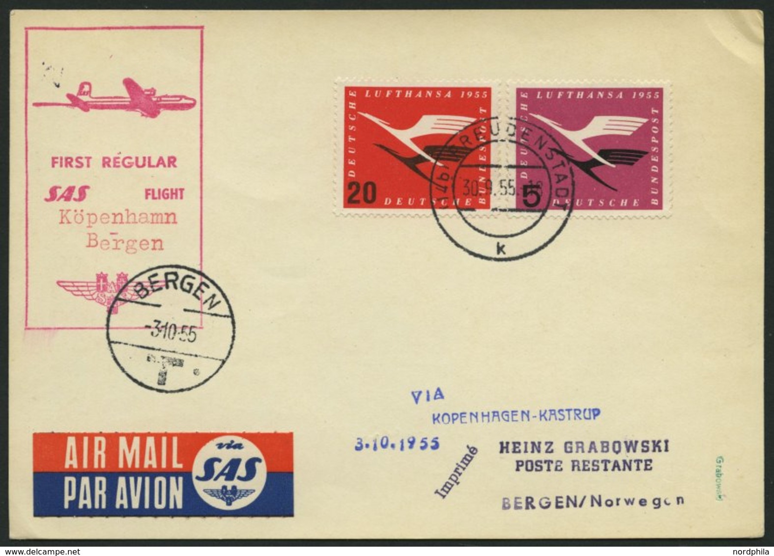 ERST-UND ERÖFFNUNGSFLÜGE 2508 BRIEF, 30.9.55, Kopenhagen-Bergen, SAS-Erstflug, Auflieferung Freudenstadt, Prachtkarte - Lettres & Documents