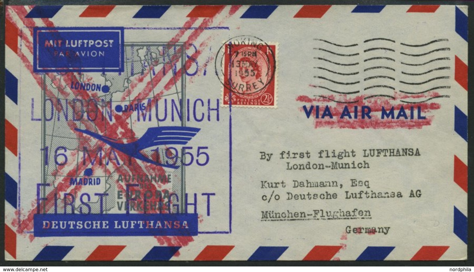 DEUTSCHE LUFTHANSA 29 BRIEF, 16.5.1955, London-München, Ohne Ankunftsstempel, Prachtbrief - Oblitérés