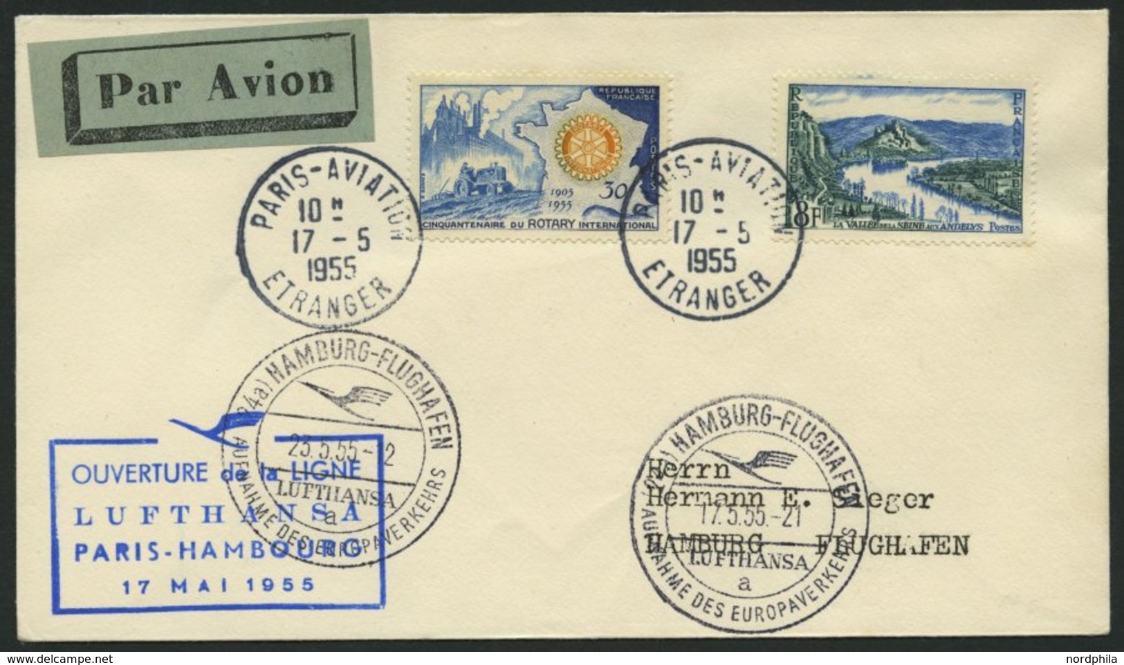 DEUTSCHE LUFTHANSA 33 BRIEF, 17.5.1955, Paris-Hamburg, Prachtbrief - Gebraucht