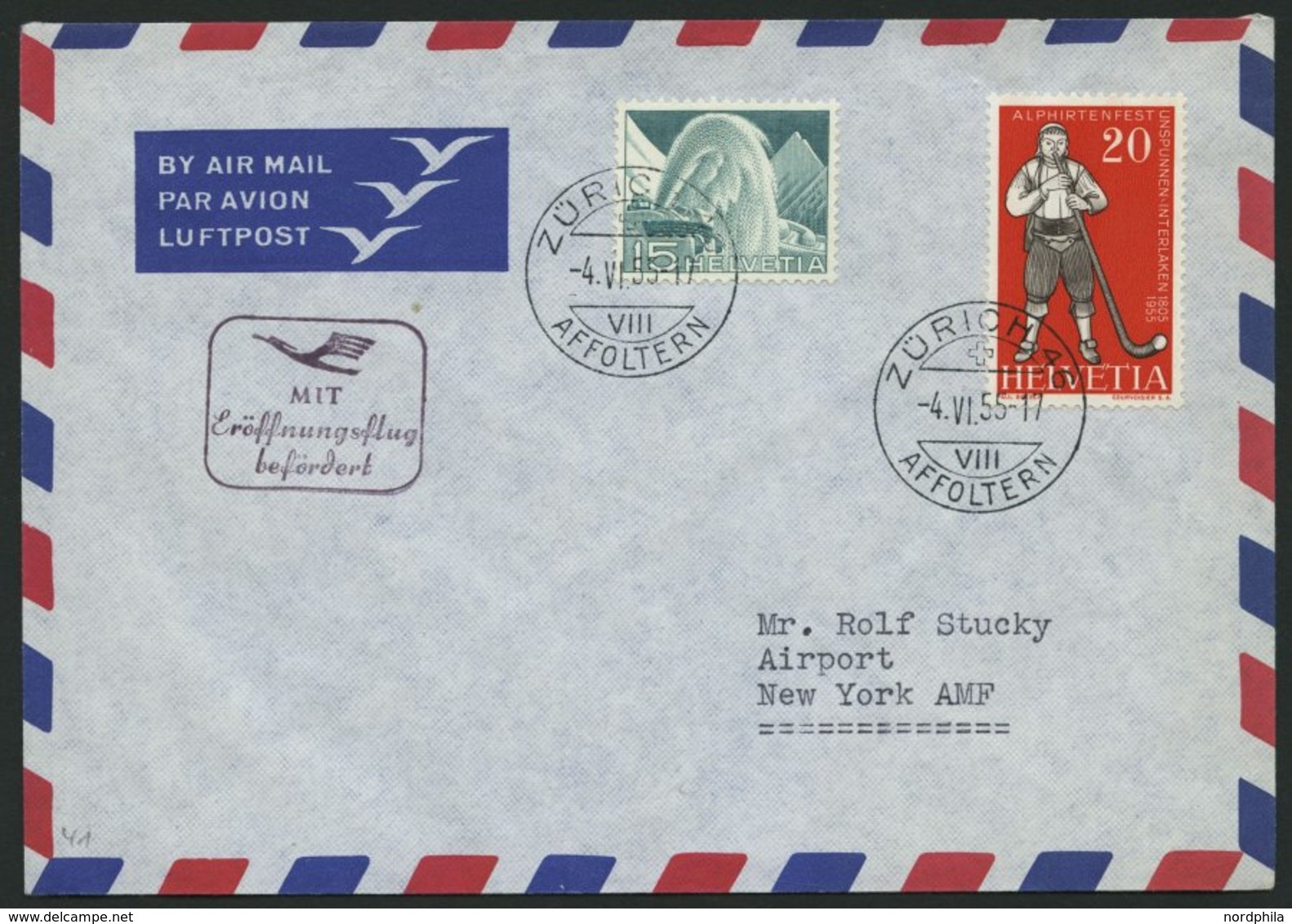 DEUTSCHE LUFTHANSA 41 BRIEF, 11.6.1955, Frankfurt-New York, Brief Aus Der Schweiz, Pracht - Used Stamps