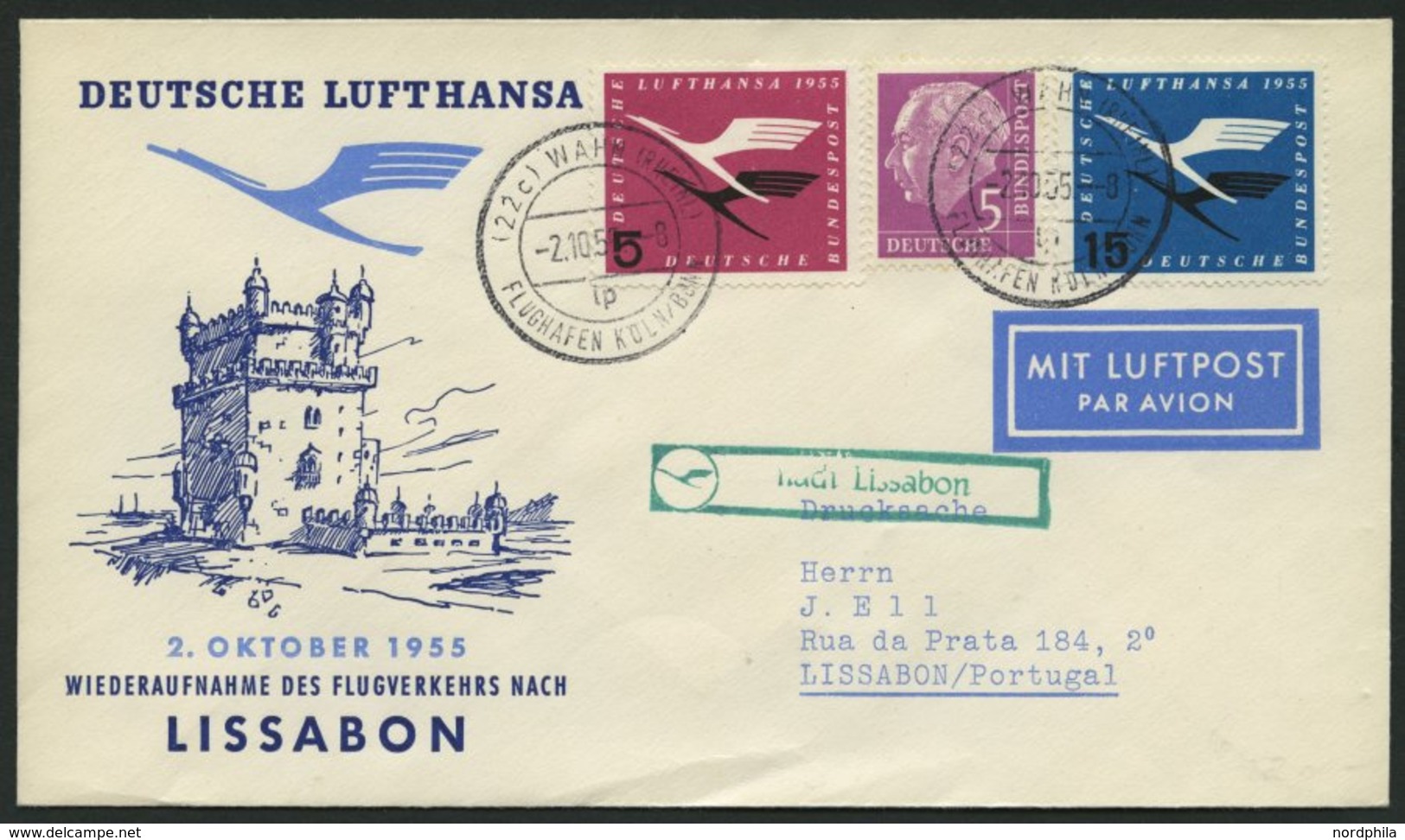 DEUTSCHE LUFTHANSA 45 BRIEF, 2.10.1955, Köln/Wahn-Lissabon, Prachtbrief - Gebraucht