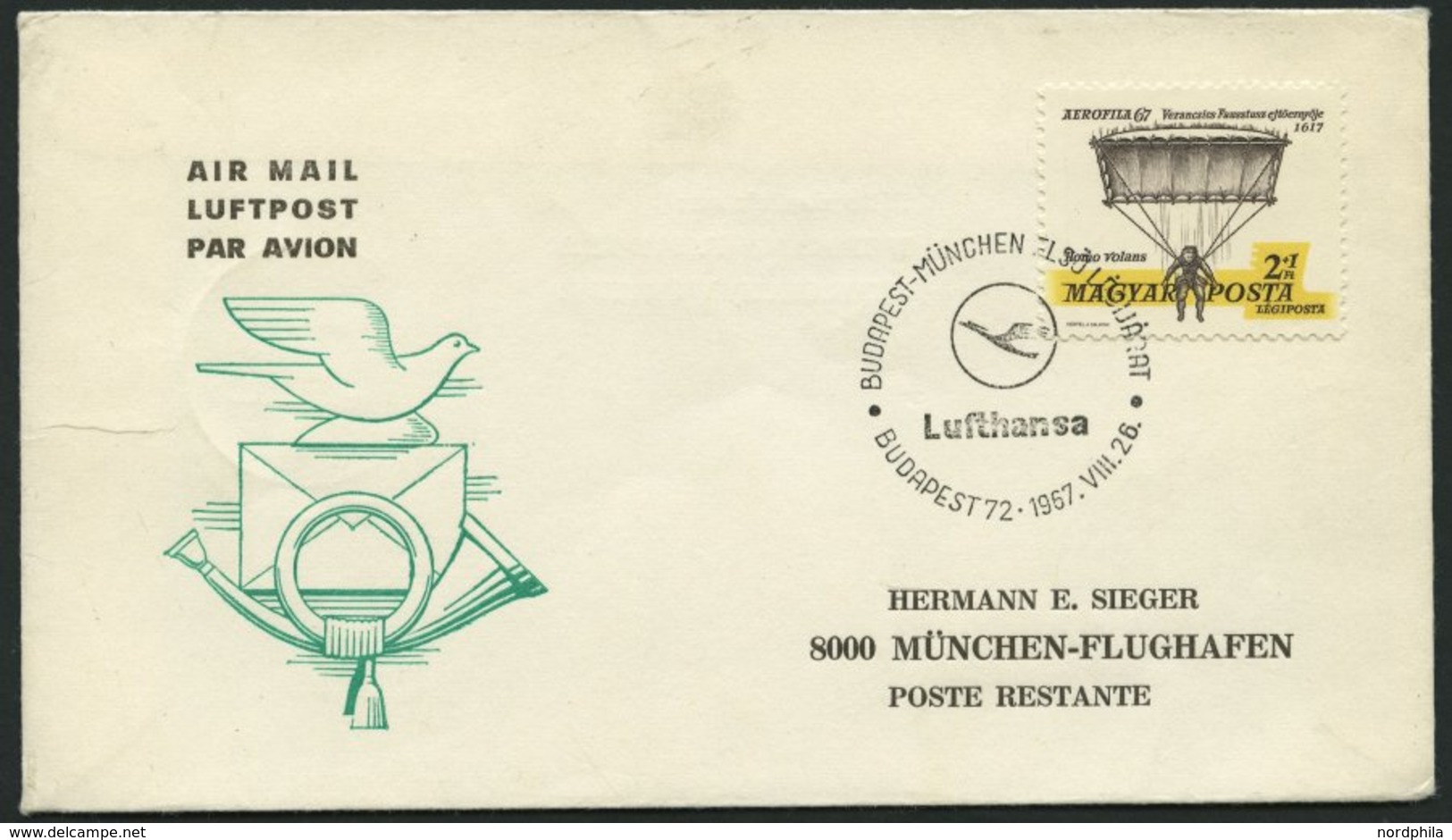 DEUTSCHE LUFTHANSA 953a BRIEF, 26.8.1967, Budapest-München, Prachtbrief - Usados