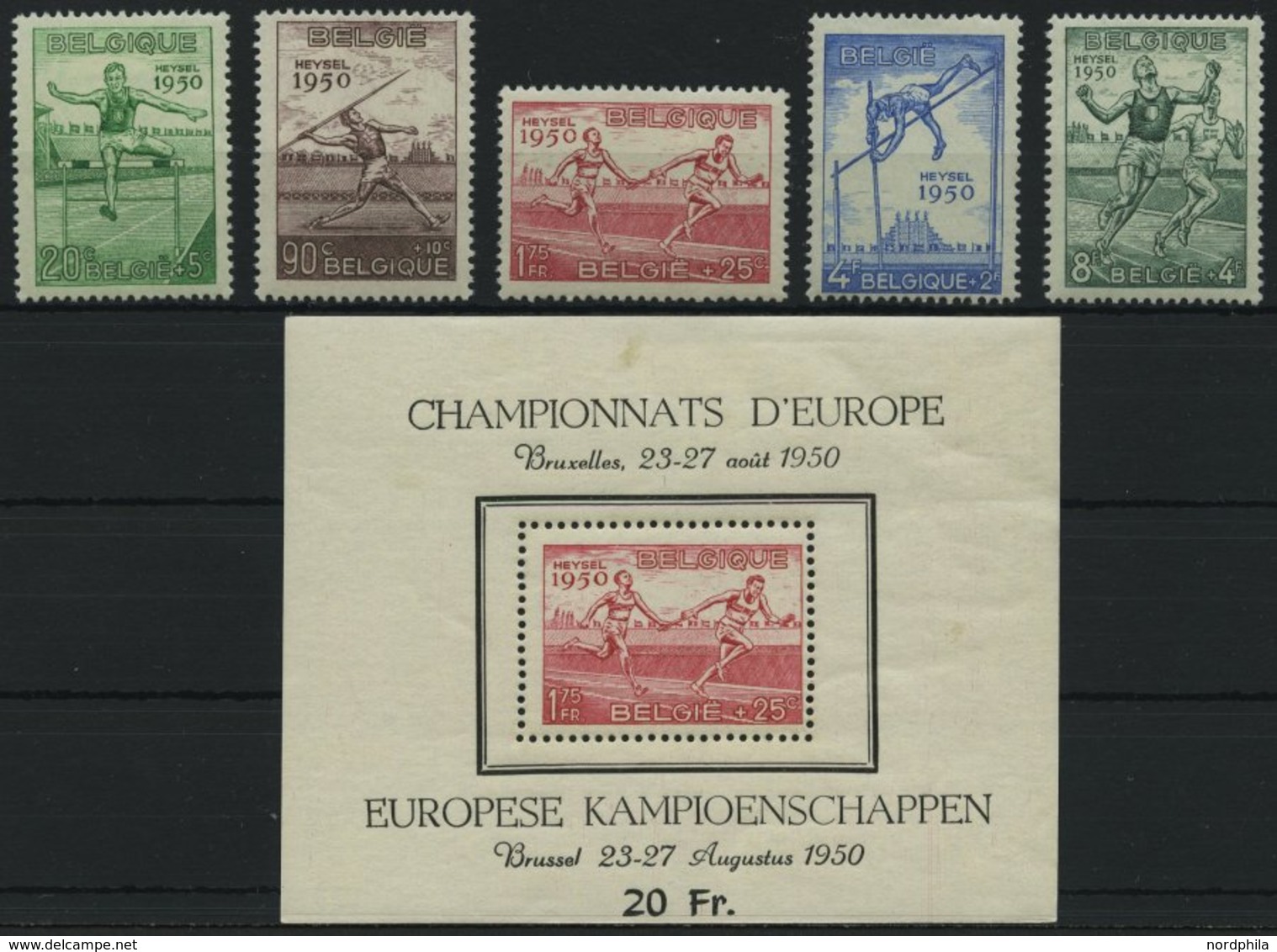BELGIEN 867-71, Bl. 23 *, 1950, Leichtathletik Europameisterschaften, Falzrest, Pracht - Autres & Non Classés