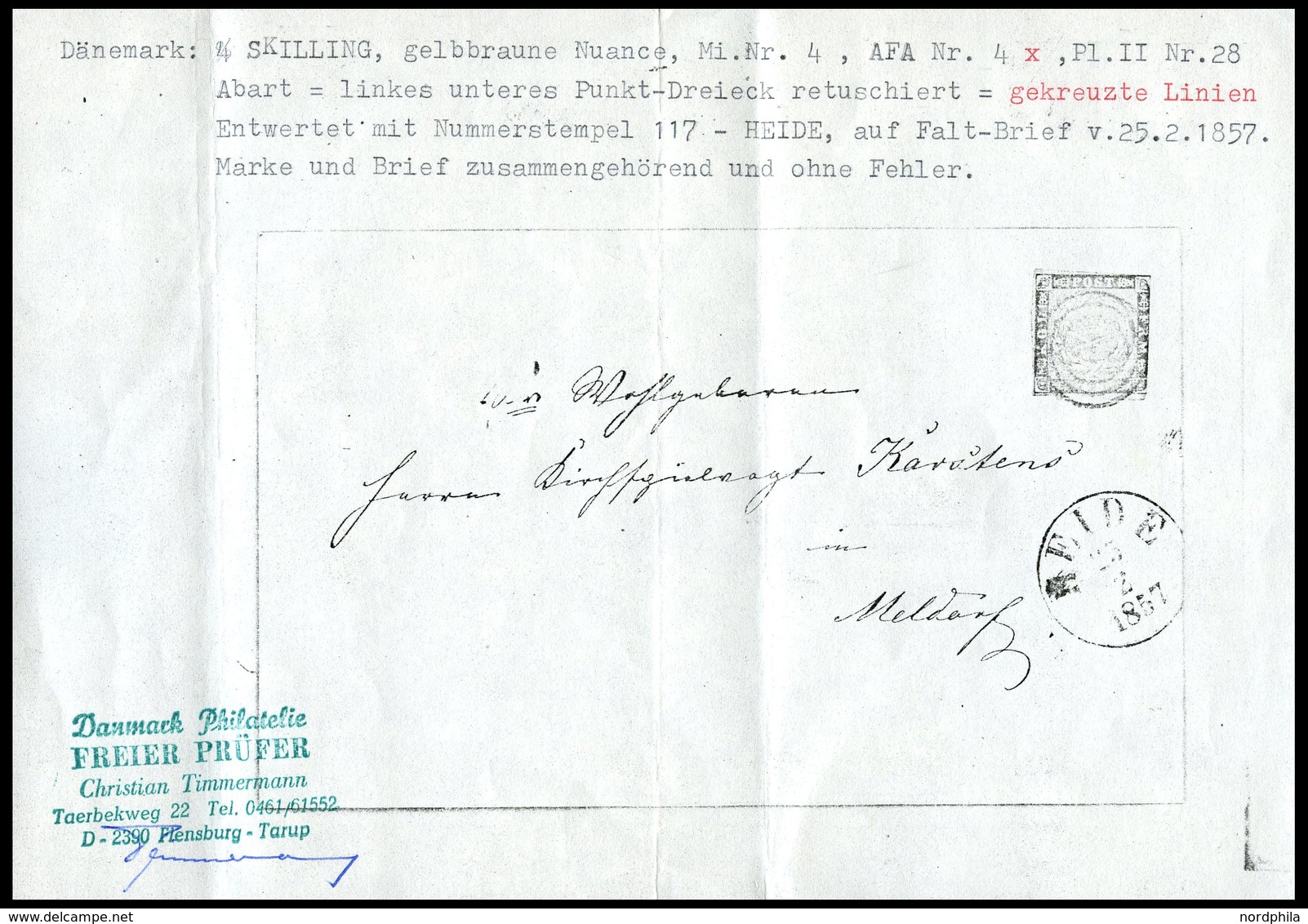 DÄNEMARK 4 BRIEF, 1954, 4 S. Rotbraun, Platte II, Nr. 28, Mit Abart Linkes Unteres Punktdreieck Retuschiert (AFA 4x), Nu - Used Stamps